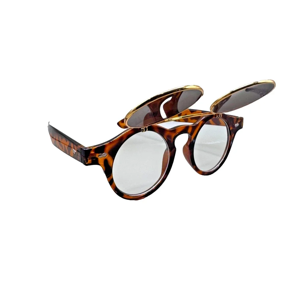 Music Festival Fashion Sunglasses Round Lenses Flip-Up Unisex - Tortoise